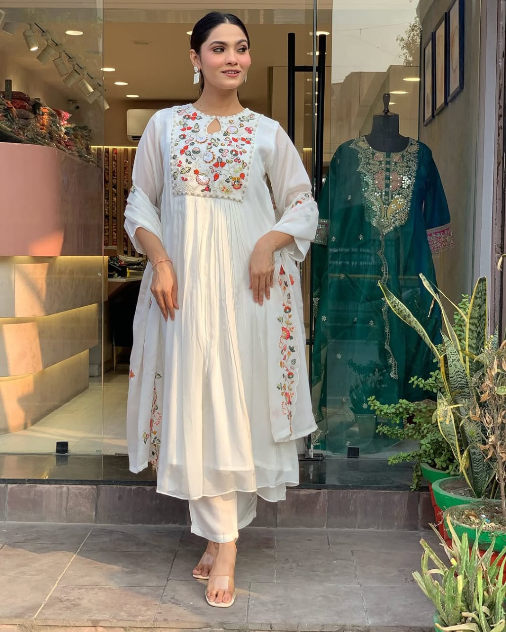 White Embroidered Cotton Silk Kurta Set with Dupatta Set