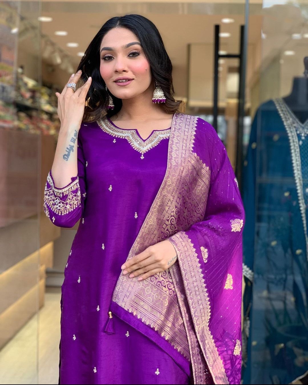 Purple Chinnon Embroidered Kurta with Pant and Dupatta Set