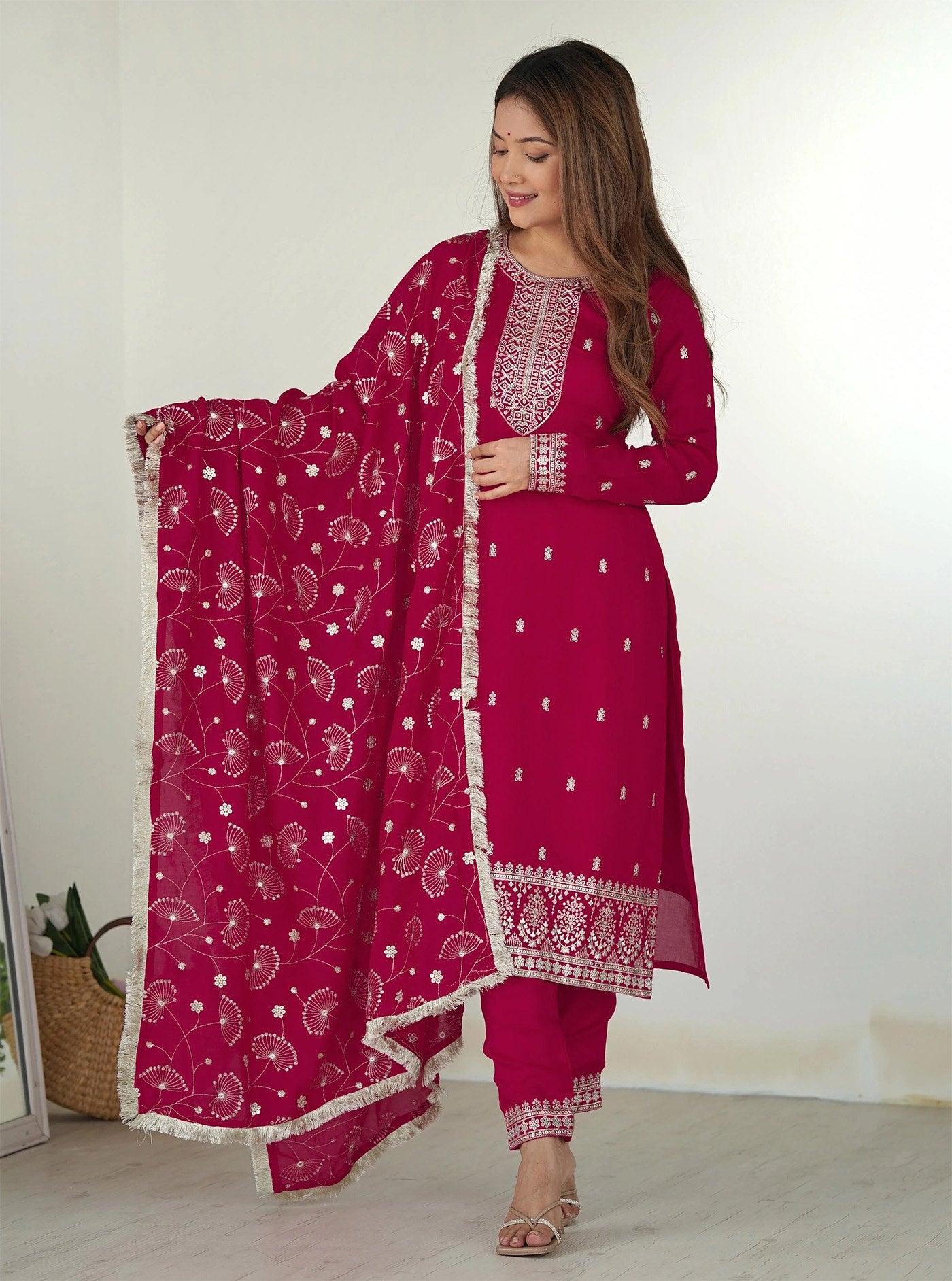 Georgette Embroidered Pink Kurta with Pant and Dupatta Set