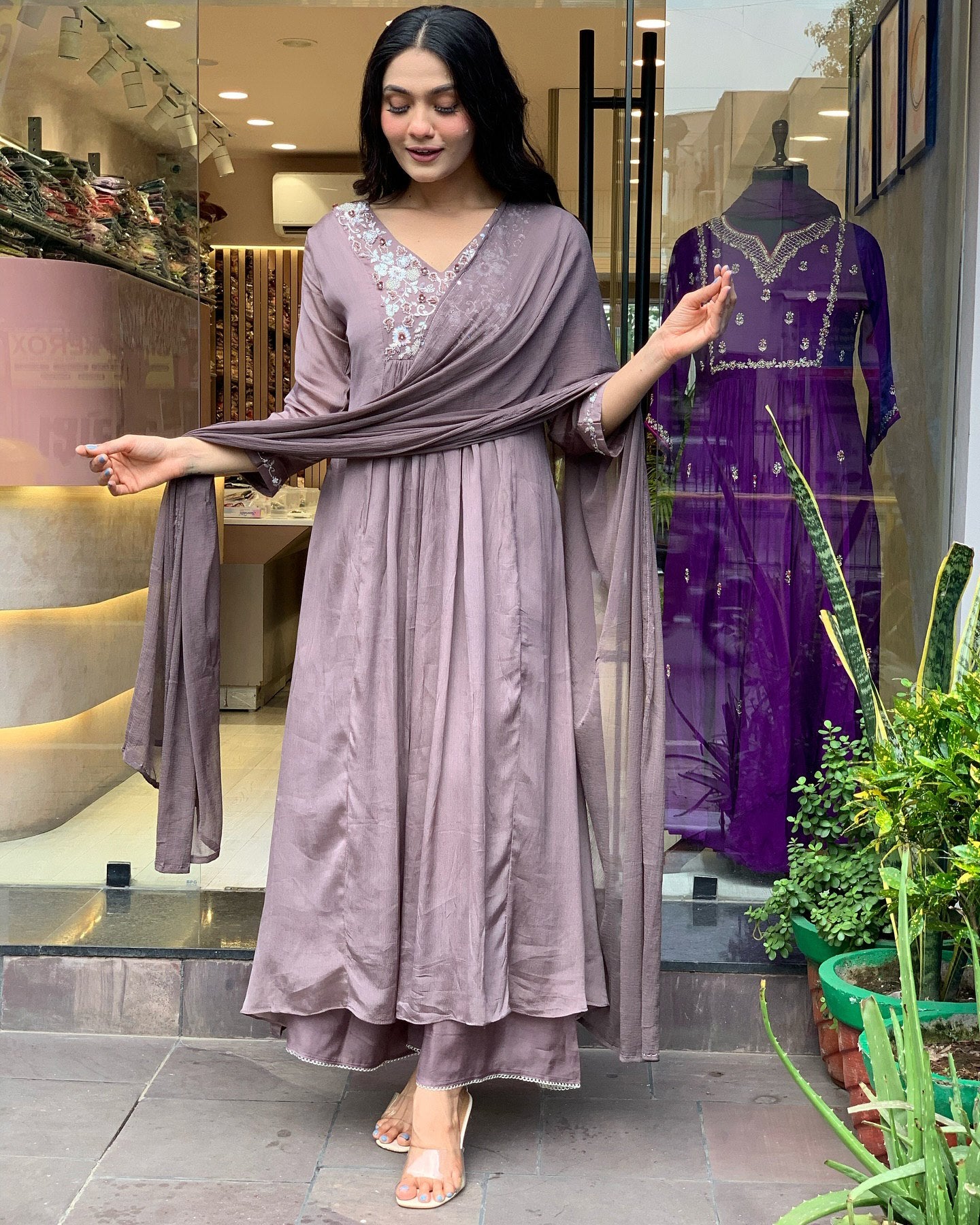 Embroidered Chinnon Purple Kurta with Pant and Dupatta Set