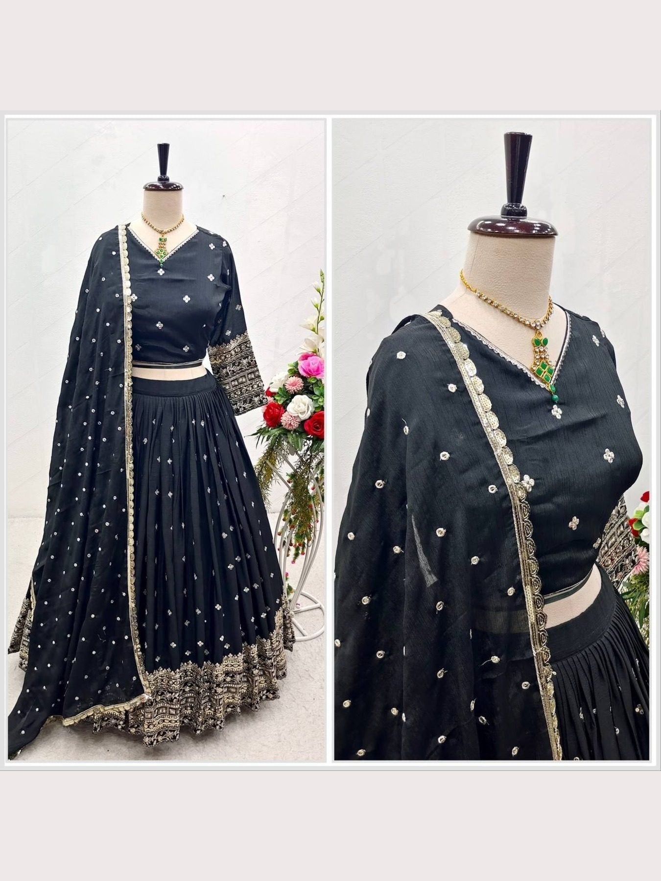 Women's Embroidered Sequins Lace Chinnon Lehenga with Dupatta Set