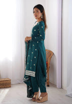 Teal Embroidered Cotton Silk Kurta Set with Dupatta