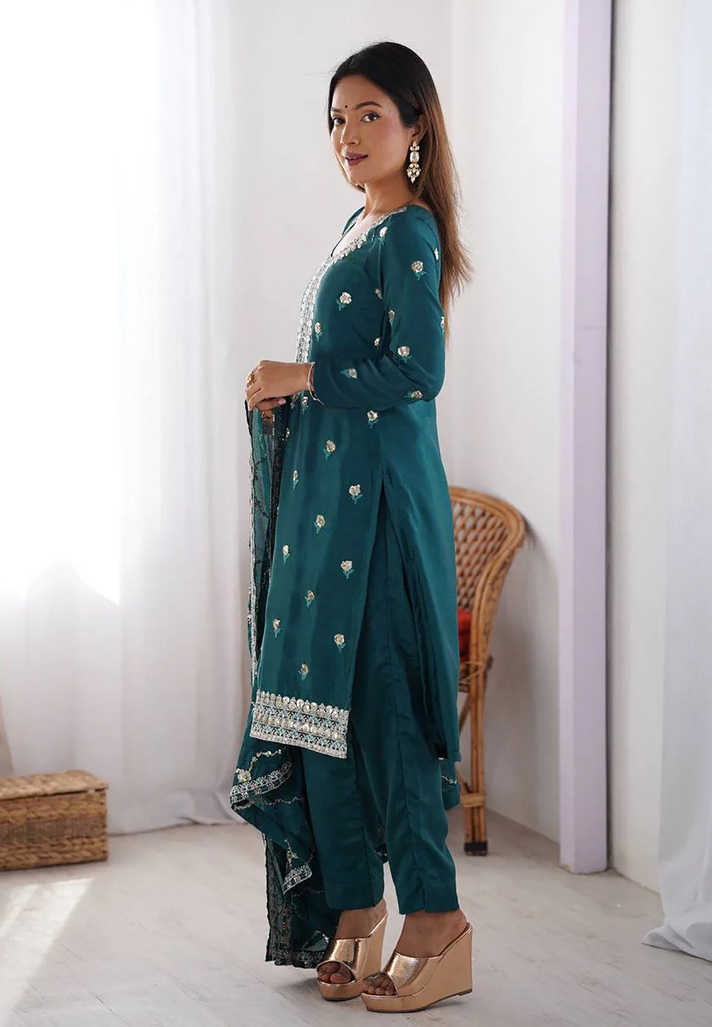Teal Embroidered Cotton Silk Kurta Set with Dupatta