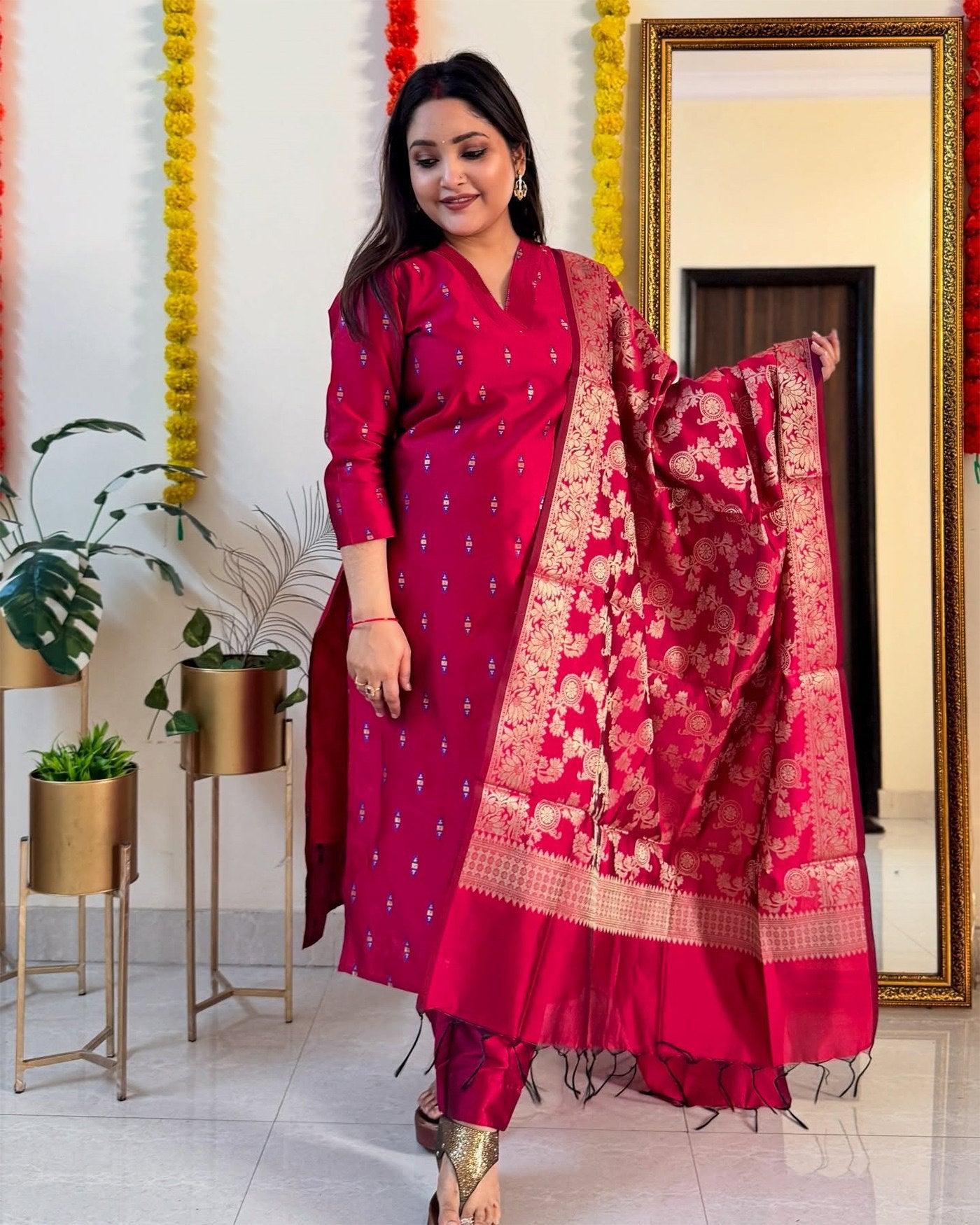Trendy Jacquard Kurta with Pant and Dupatta Set