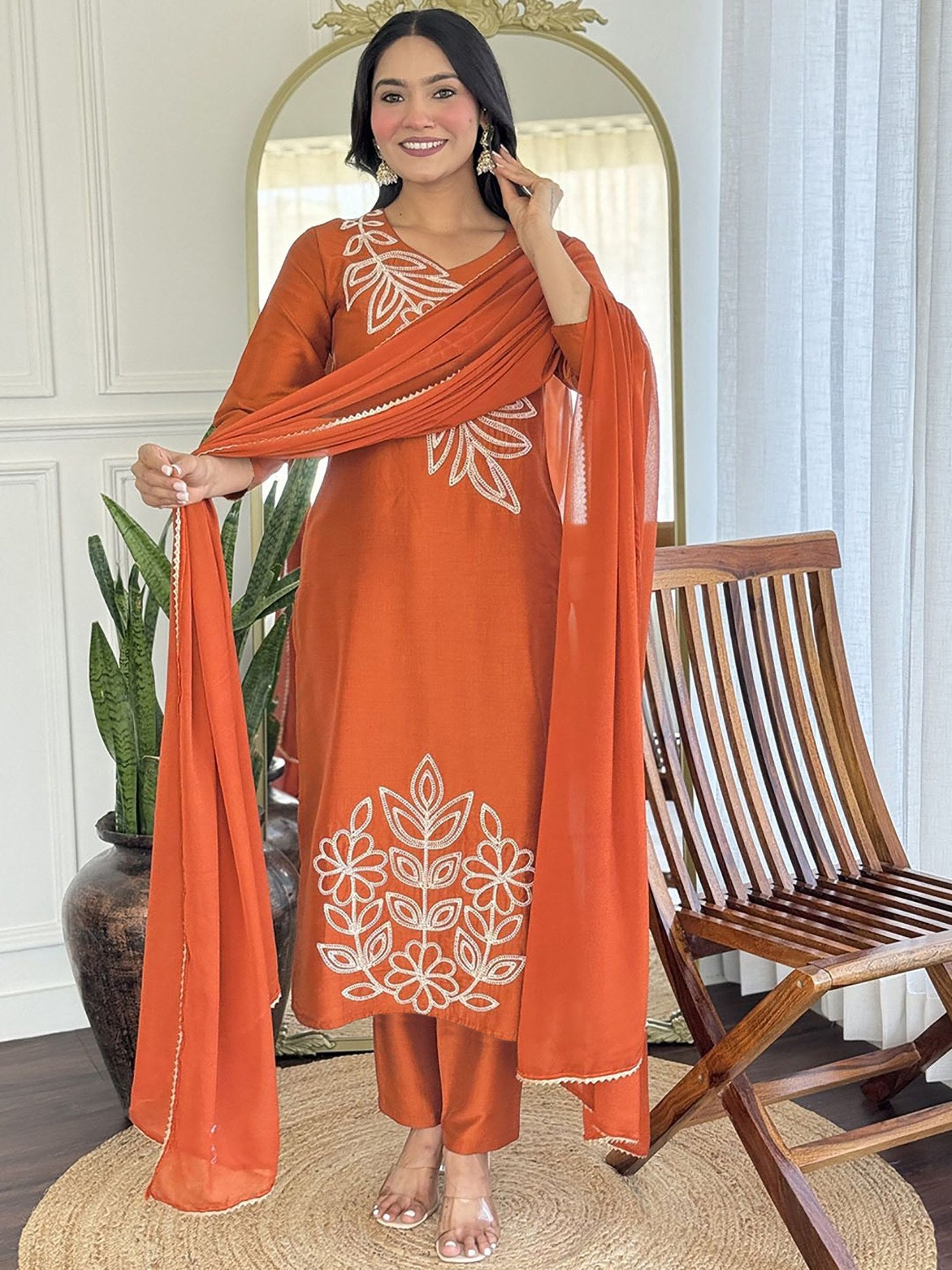 Embroidered Cotton Silk Kurta Set with Dupatta
