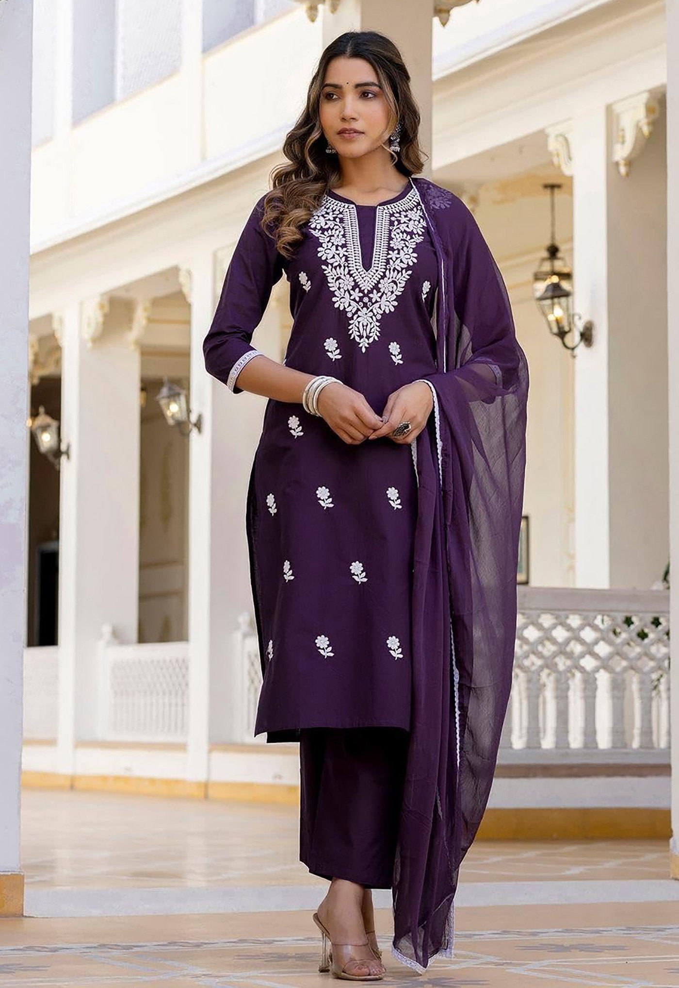 Cotton Silk Embroidered Purple Kurta Set with Dupatta
