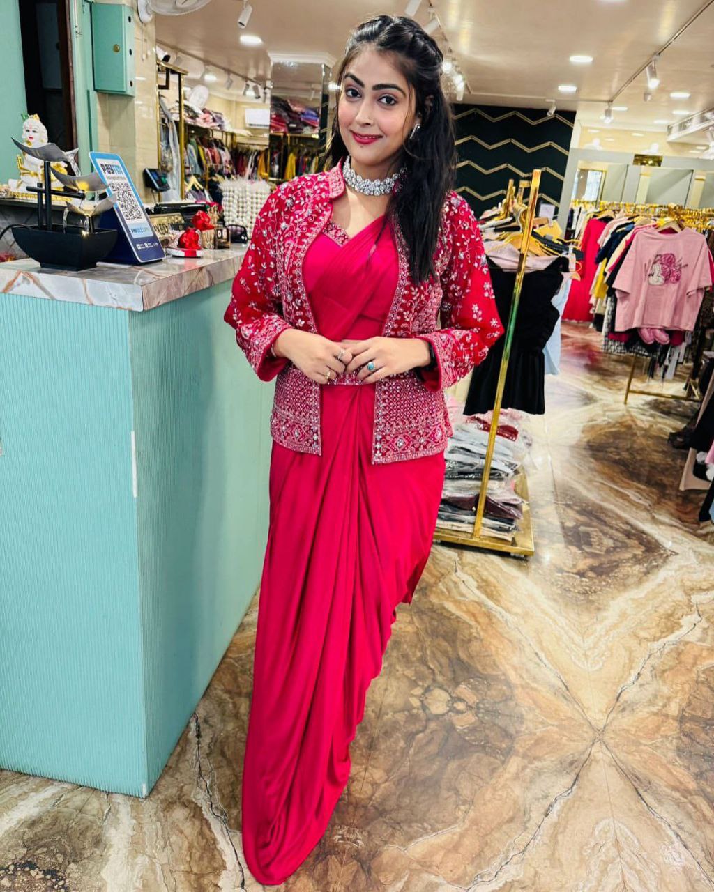 Embroidered Sequin Jacket with Ready-to-Wear Saree and Belt