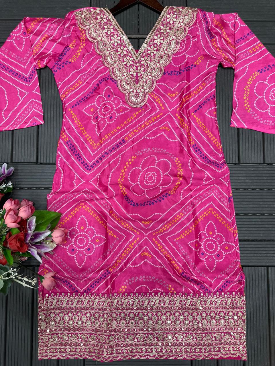 Pink Embroidered Heavy Chinnon Kurta Set