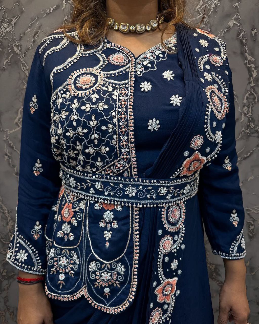 Designer Royal Blue Saree-Style Gown with Attached Embroidered Jacket