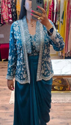 Embroidered Indo-Western Draped Skirt & Crop Top with Blazer Jacket
