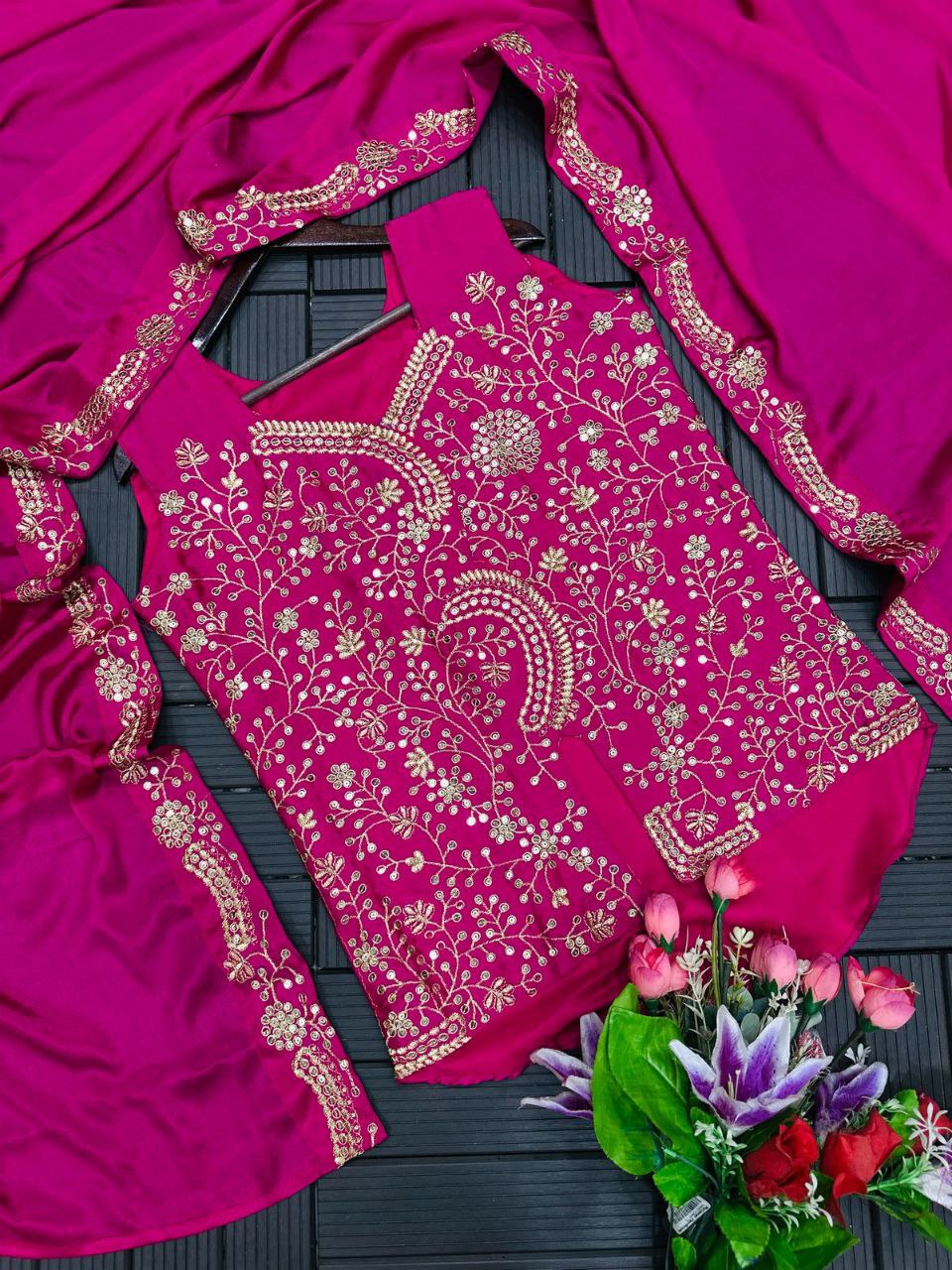 3-Piece Wine Color Sharara Suit with Heavy Embroidered Shrug and Crop Top