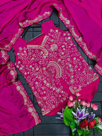 3-Piece Wine Color Sharara Suit with Heavy Embroidered Shrug and Crop Top