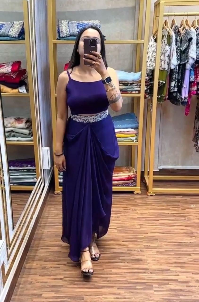 Indo-Western Draped Skirt & Crop Top with Embroidered Blazer Jacket