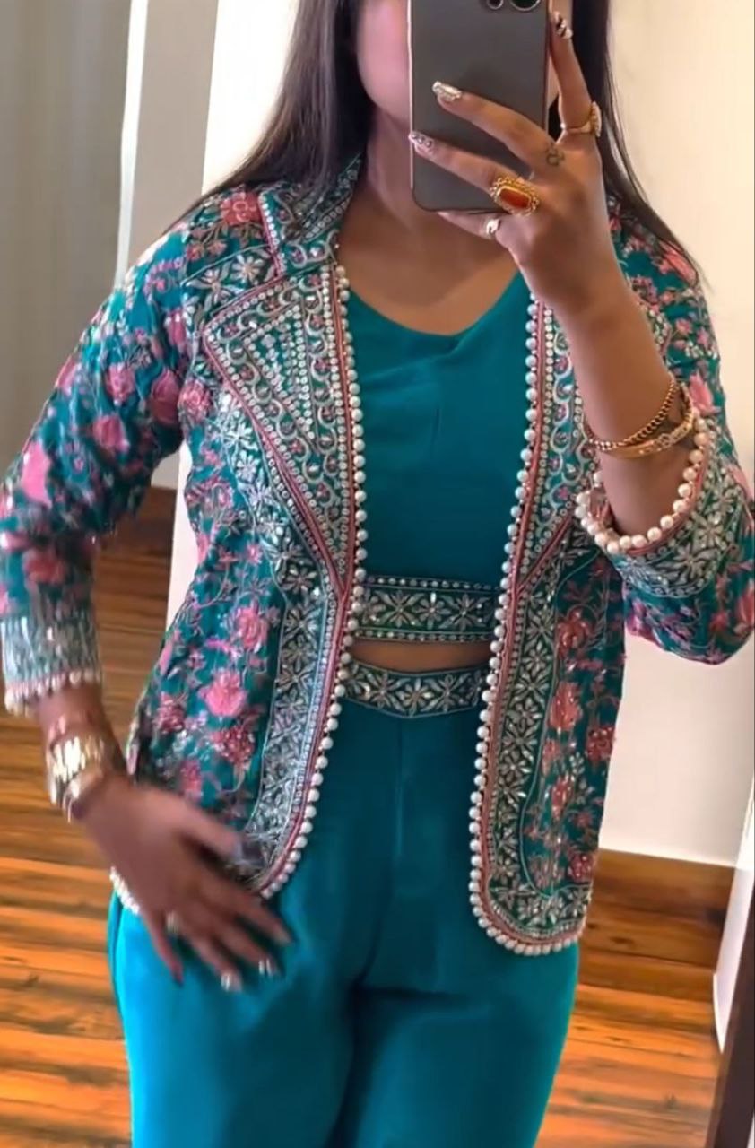 Designer Mehndi Green 3-Piece Palazzo Set with Heavy Embroidered Jacket