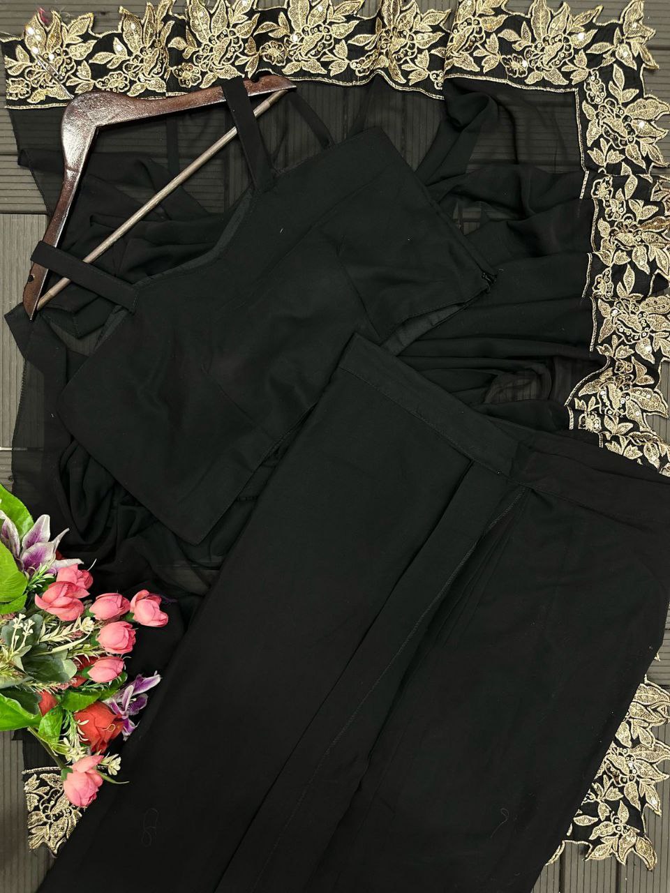 3-Piece Wine Color Sharara Suit with Heavy Embroidered Shrug and Crop Top