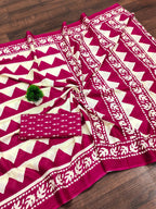 Pure Mulmul Cotton Zigzag Hand Block Printed Saree with Blouse Piece