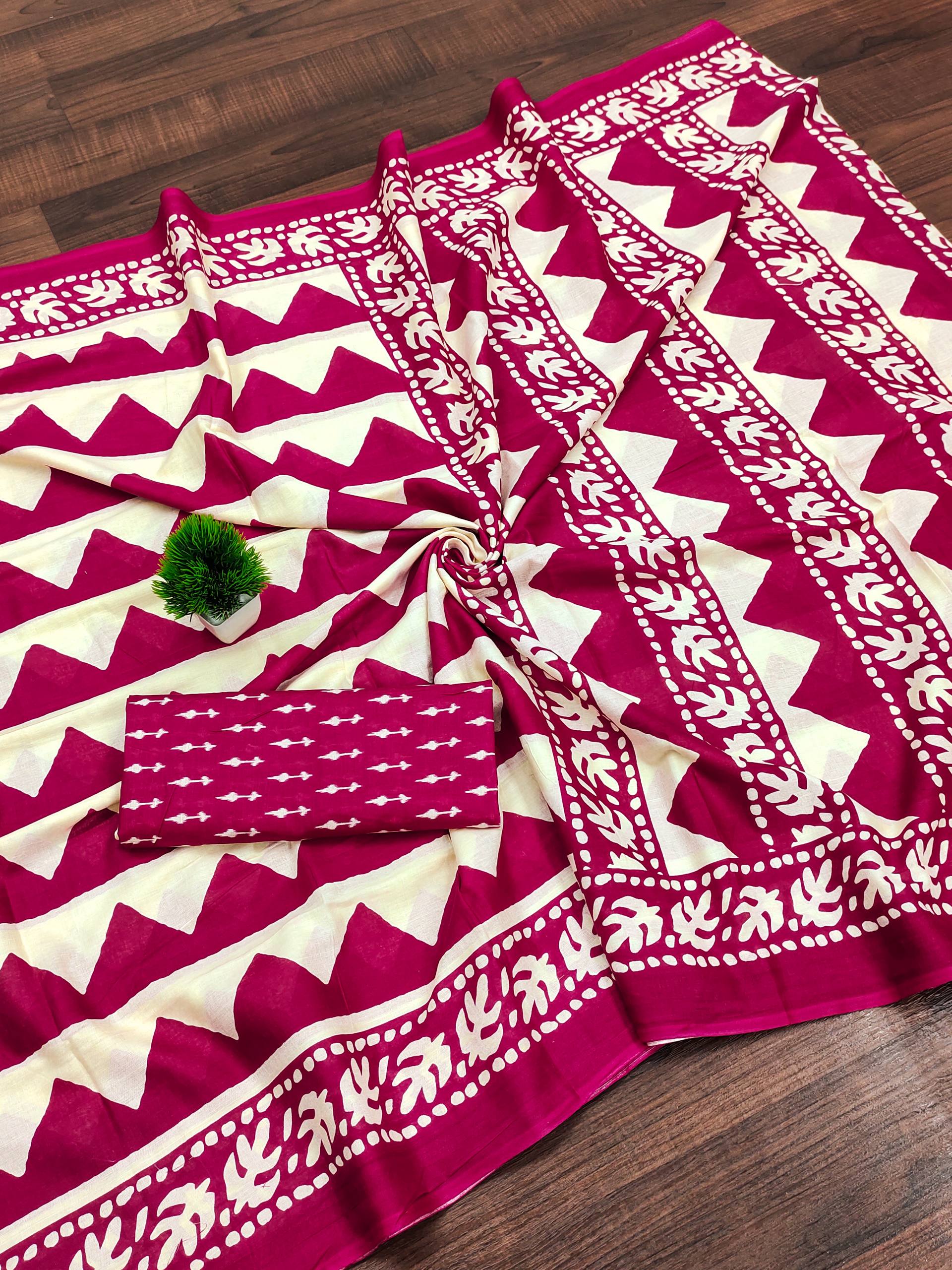 Pure Mulmul Cotton Zigzag Hand Block Printed Saree with Blouse Piece