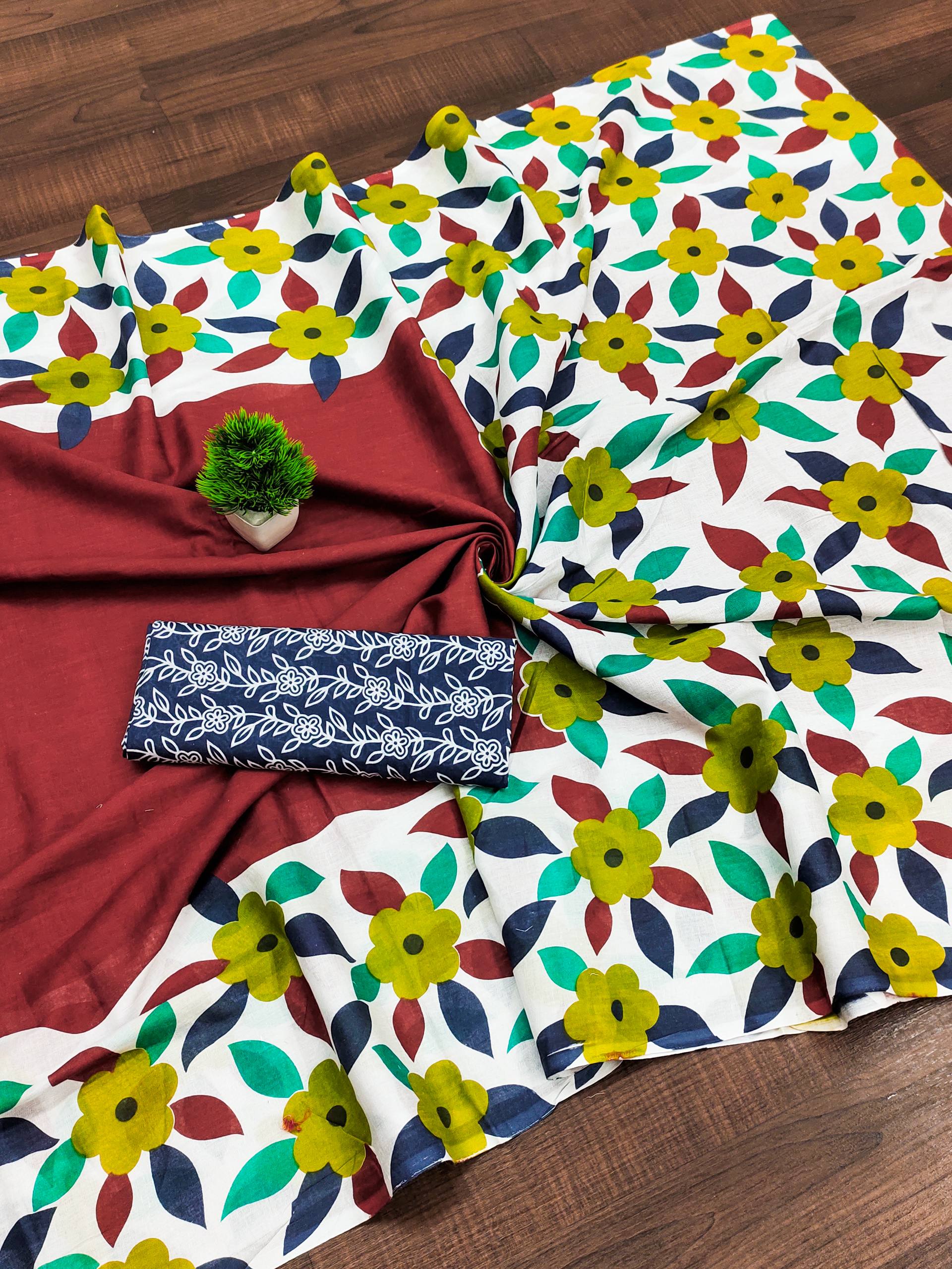 Classic Floral Block Print Mulmul Cotton Saree
