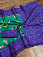 Mulmul Cotton Bandhani Saree with Flower Block Print