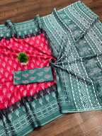 Ikkat Hand Block Print Mulmul Cotton Saree