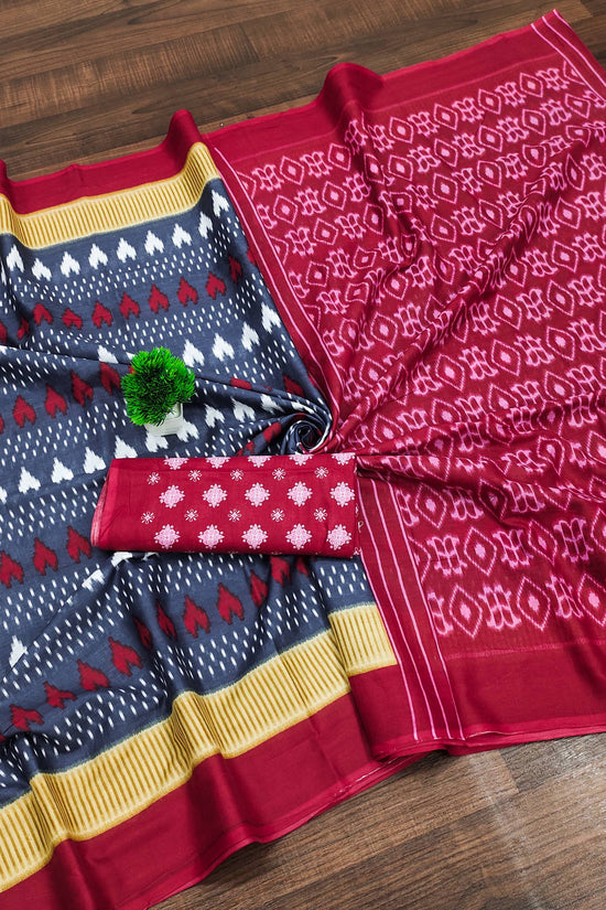 Classic Mulmul Cotton Saree with Ikkat Hand Block Print