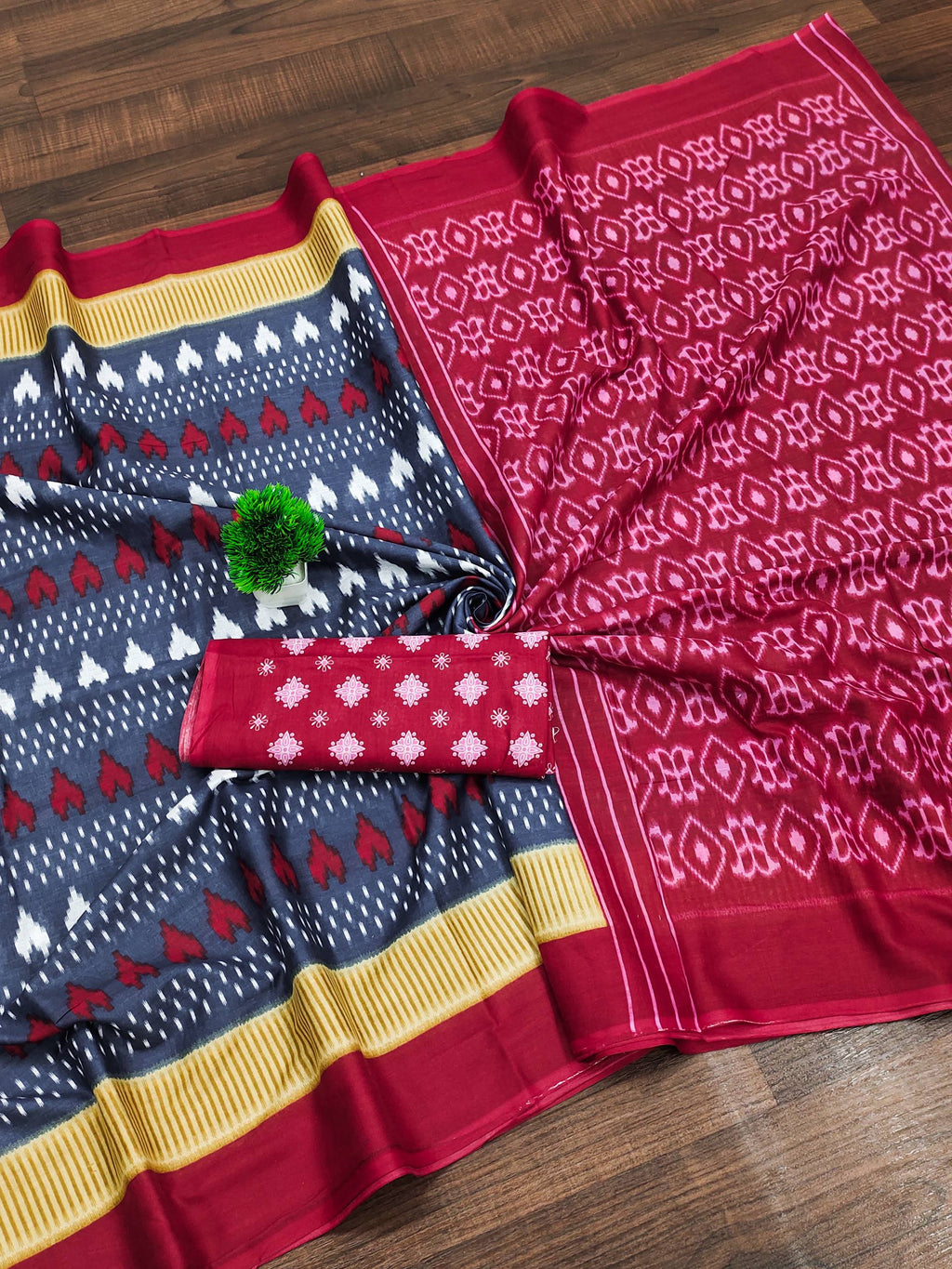 Classic Mulmul Cotton Saree with Ikkat Hand Block Print