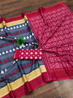 Classic Mulmul Cotton Saree with Ikkat Hand Block Print