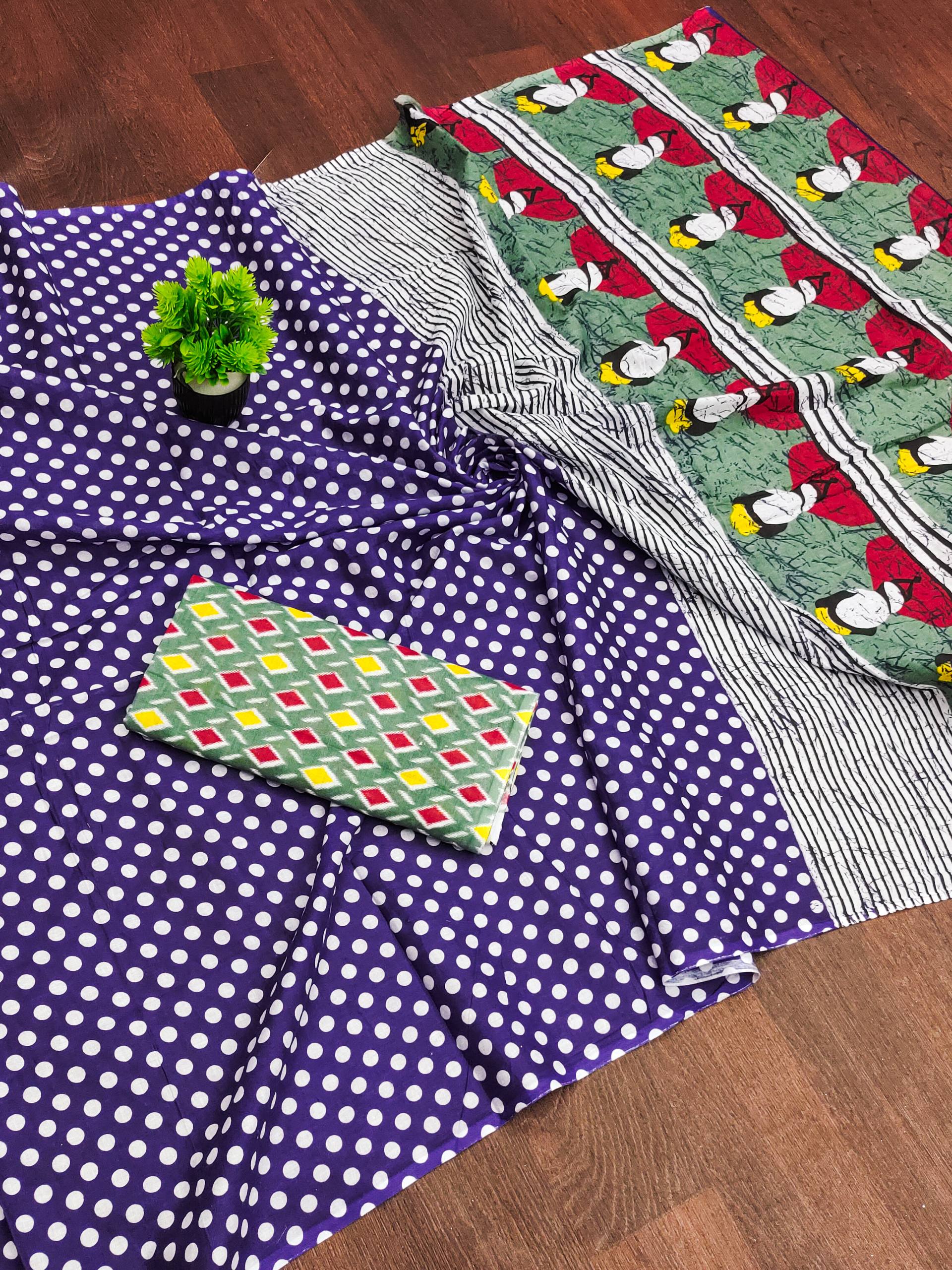 Polka Dot Printed Mulmul Cotton Saree for Woman