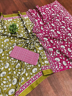 Classic Mulmul Cotton  Floral Hand Block Print Saree
