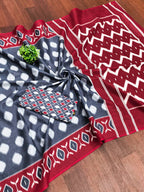 Women's Mulmul Cotton Ikkat Hand Block Print Saree