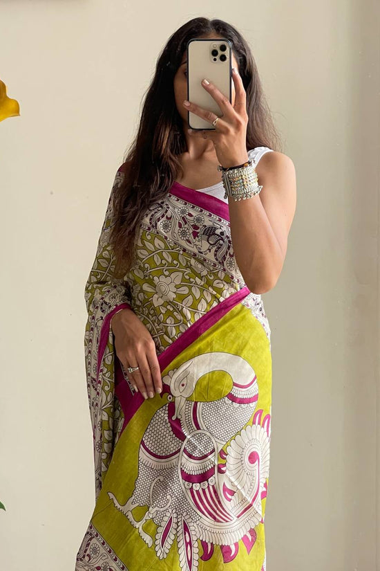 Woman's Kalamkari Hand Block Print Saree with Mulmul Cotton