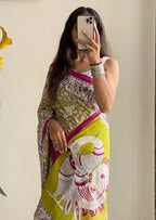 Woman's Kalamkari Hand Block Print Saree with Mulmul Cotton