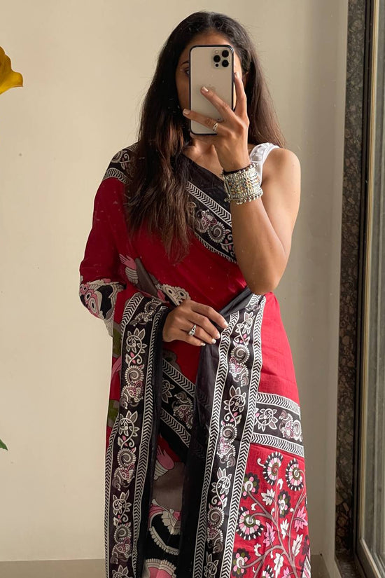 Trendy Mulmul Cotton Kalamkari Hand Block Print Saree