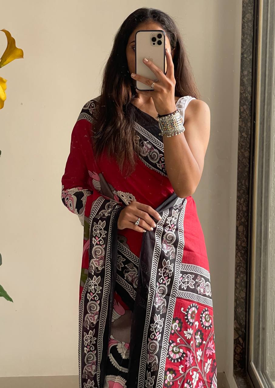 Trendy Mulmul Cotton Kalamkari Hand Block Print Saree