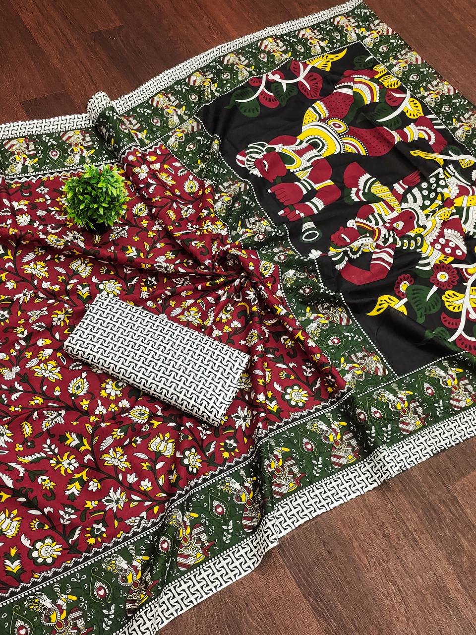 Mulmul Cotton Kalamkari Hand Block Print Saree