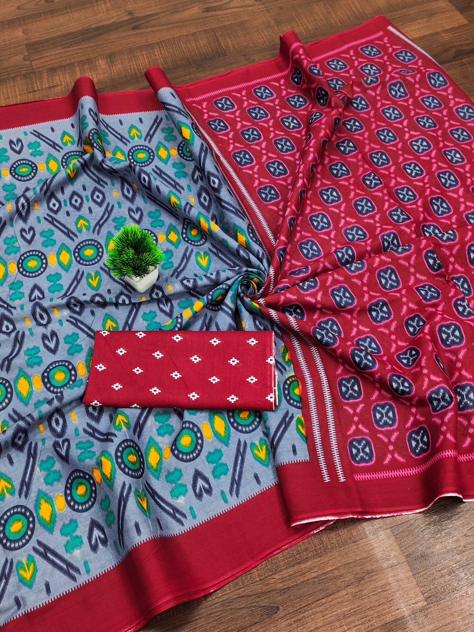 Ikkat Hand Block Print Mulmul Cotton Saree