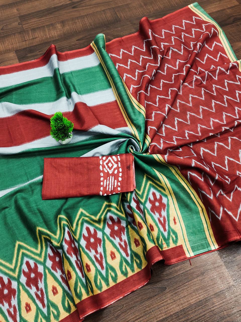 Mulmul Cotton Ikkat Hand Block Print Saree