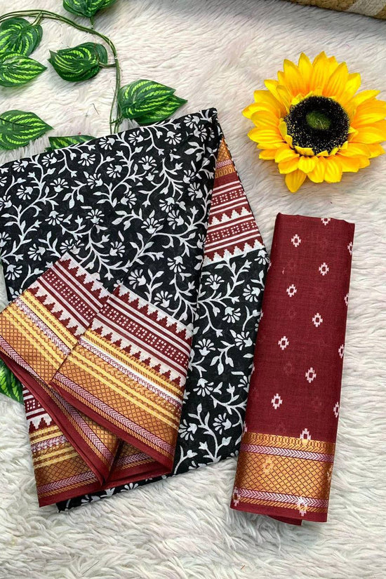Ajrakh Printed Elegance Mulmul Cotton Zari Border Saree