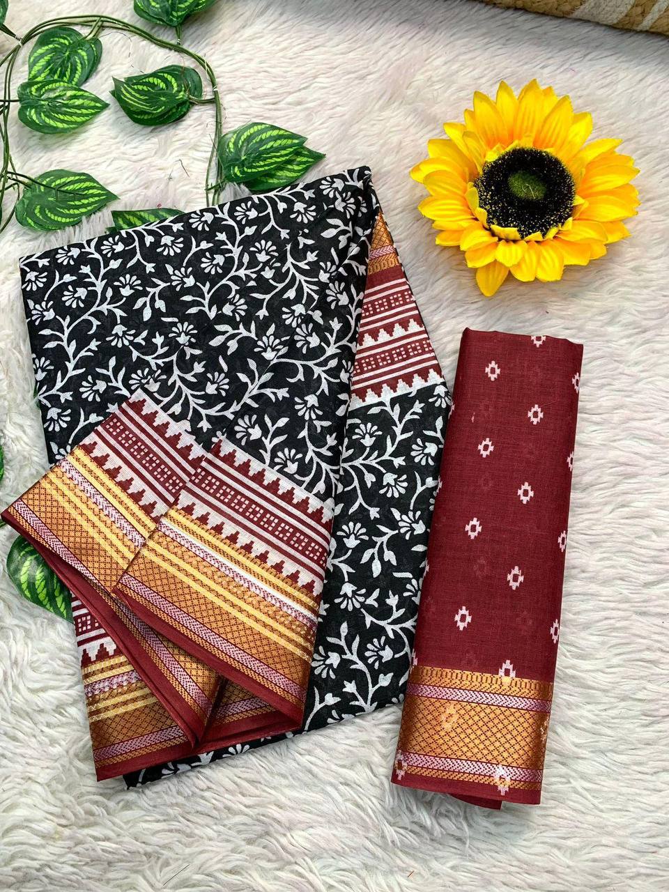 Ajrakh Printed Elegance Mulmul Cotton Zari Border Saree