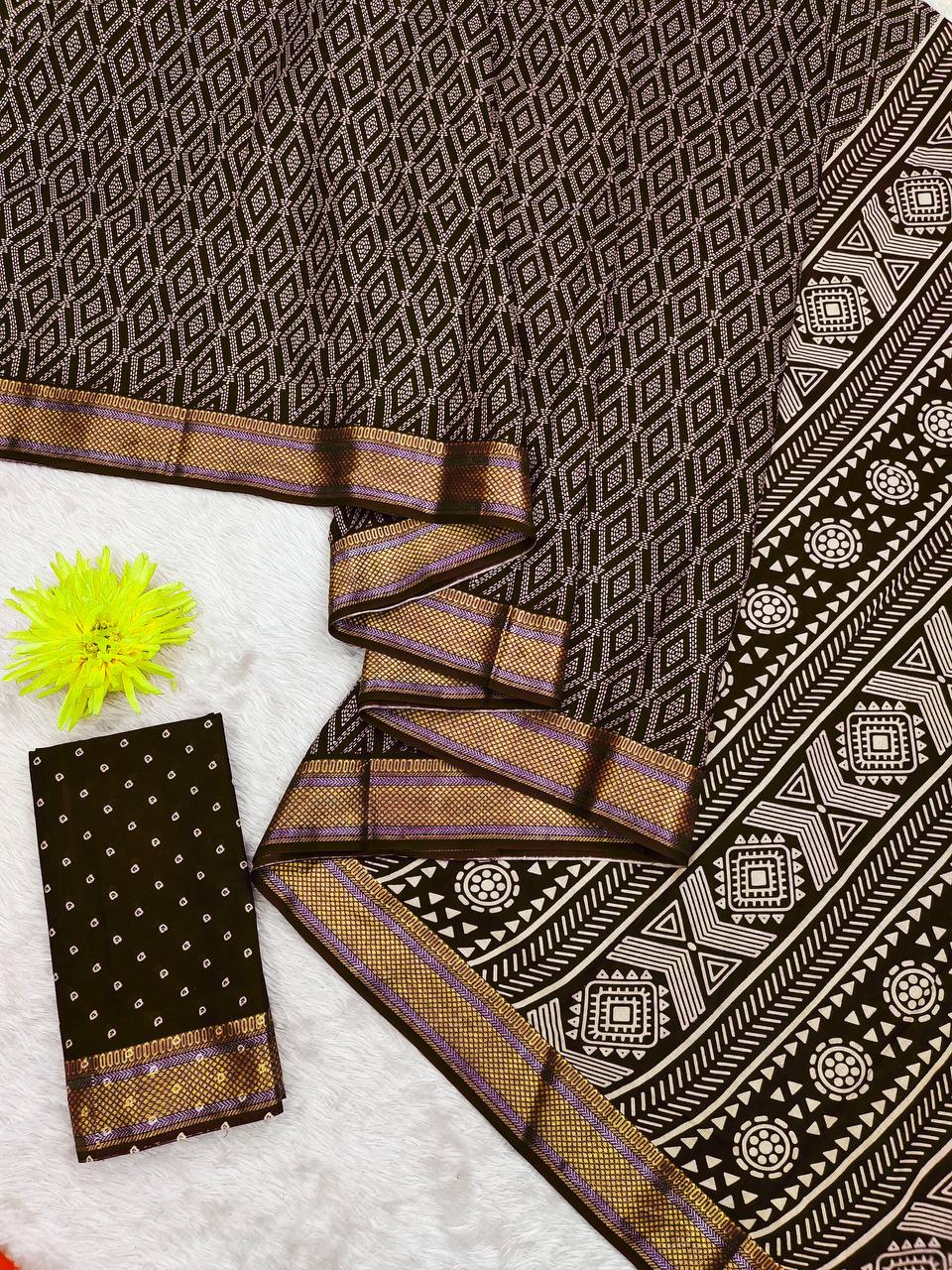 Bandhni Printed Elegance Mulmul Cotton Zari Border Saree
