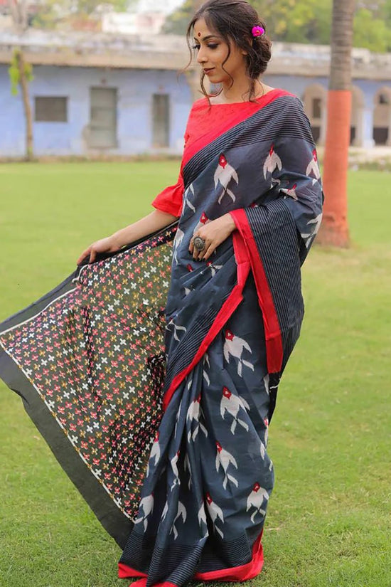 Mulmul Cotton Ikkat Print Saree