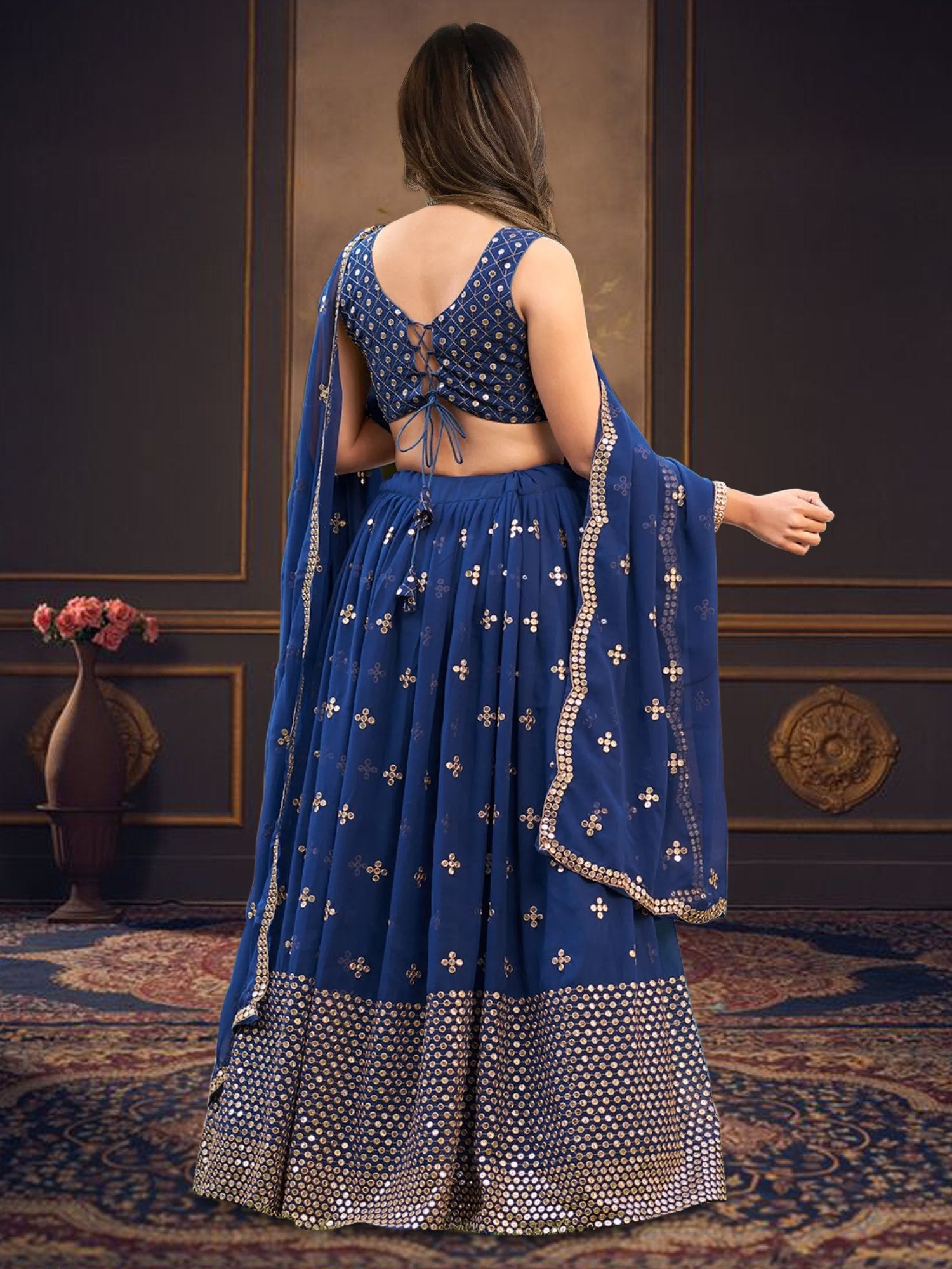 Georgette Embroidered Zari Cutwork Lehenga with Dupatta Set