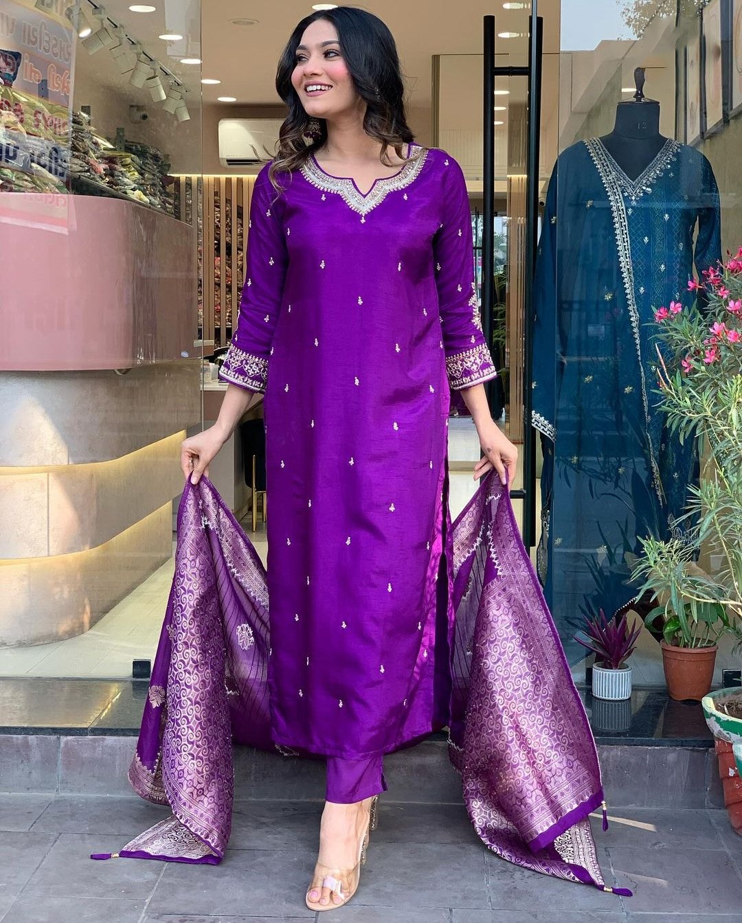 Purple Chinnon Embroidered Kurta with Pant and Dupatta Set