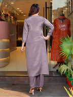 Embroidered Chinnon Purple Kurta with Pant and Dupatta Set