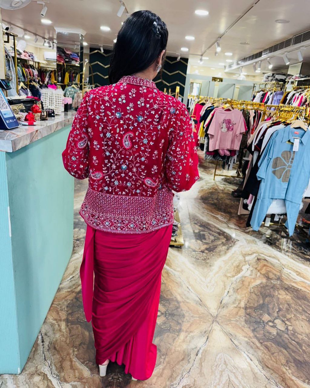 Embroidered Sequin Jacket with Ready-to-Wear Saree and Belt