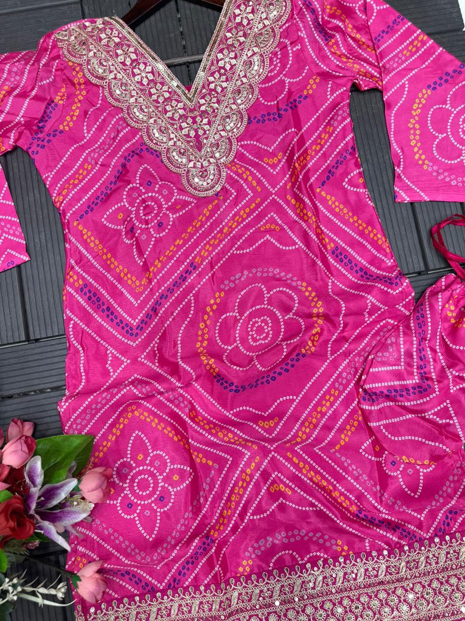Pink Embroidered Heavy Chinnon Kurta Set