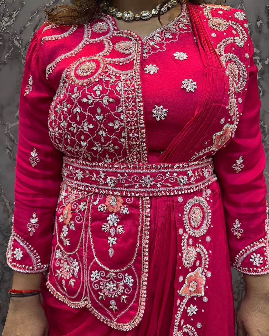 Designer Royal Blue Saree-Style Gown with Attached Embroidered Jacket