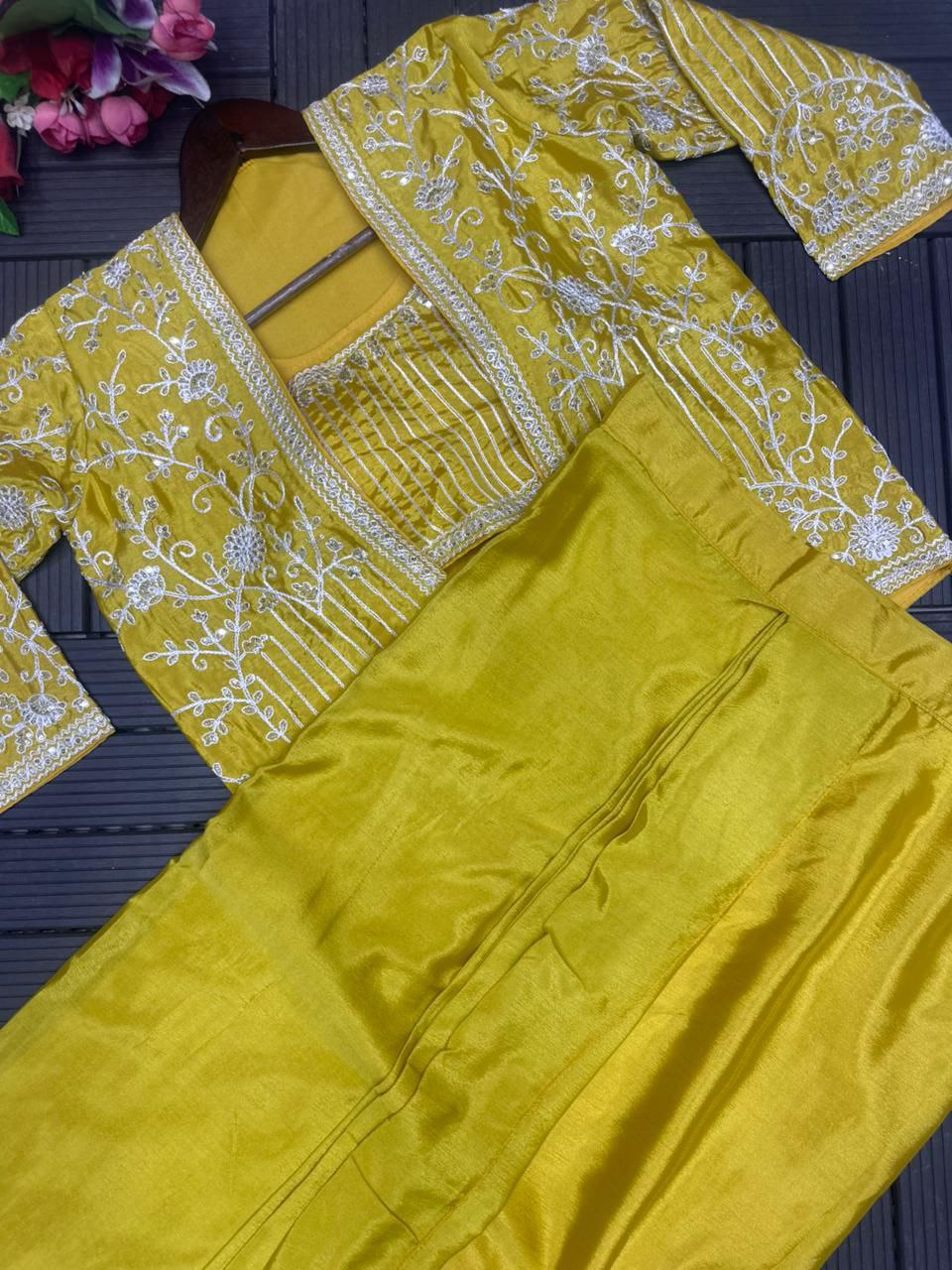 Embroidered Indo-Western Draped Skirt & Crop Top with Blazer Jacket