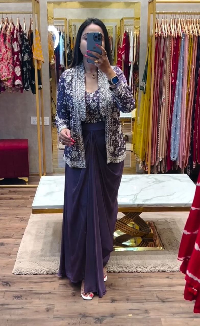 Embroidered Indo-Western Draped Skirt & Crop Top with Blazer Jacket
