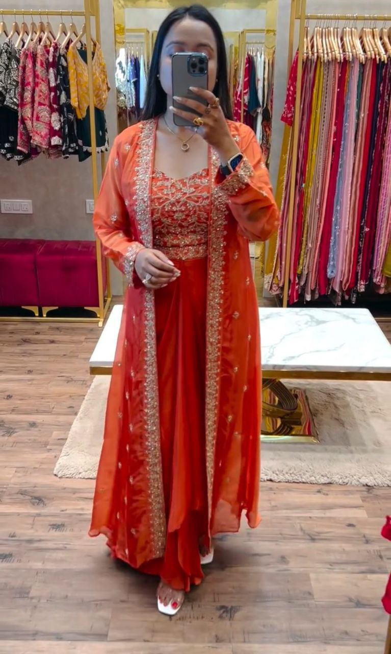 Indo-Western Draped Skirt & Crop Top with Embroidered Blazer Jacket